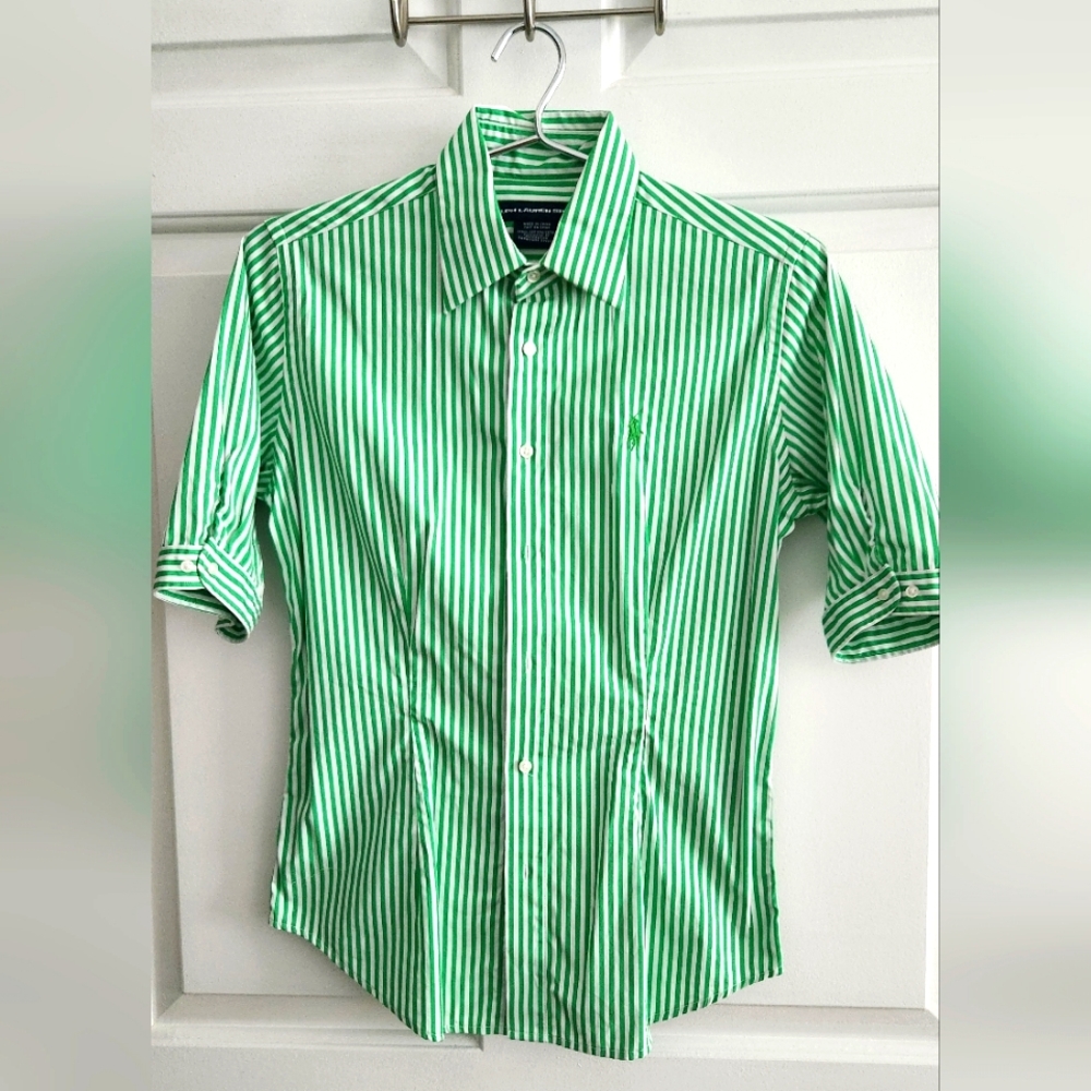 Ralph Lauren Green and White Striped Button-Down Shirt